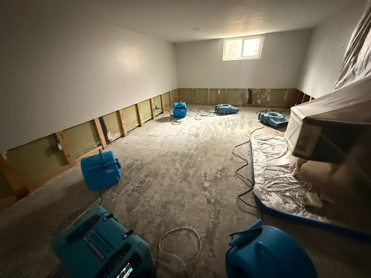 Basement gutted to the studs with drying equipment before reconstruction